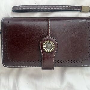 Vintage Women's Dark Brown Leather Wallet with Decorative Sunburst Button